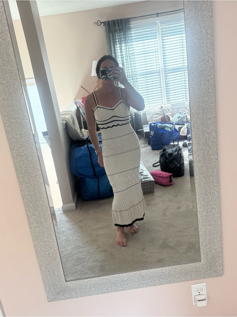 Pink Rose White Maxi Dress with Black Trim